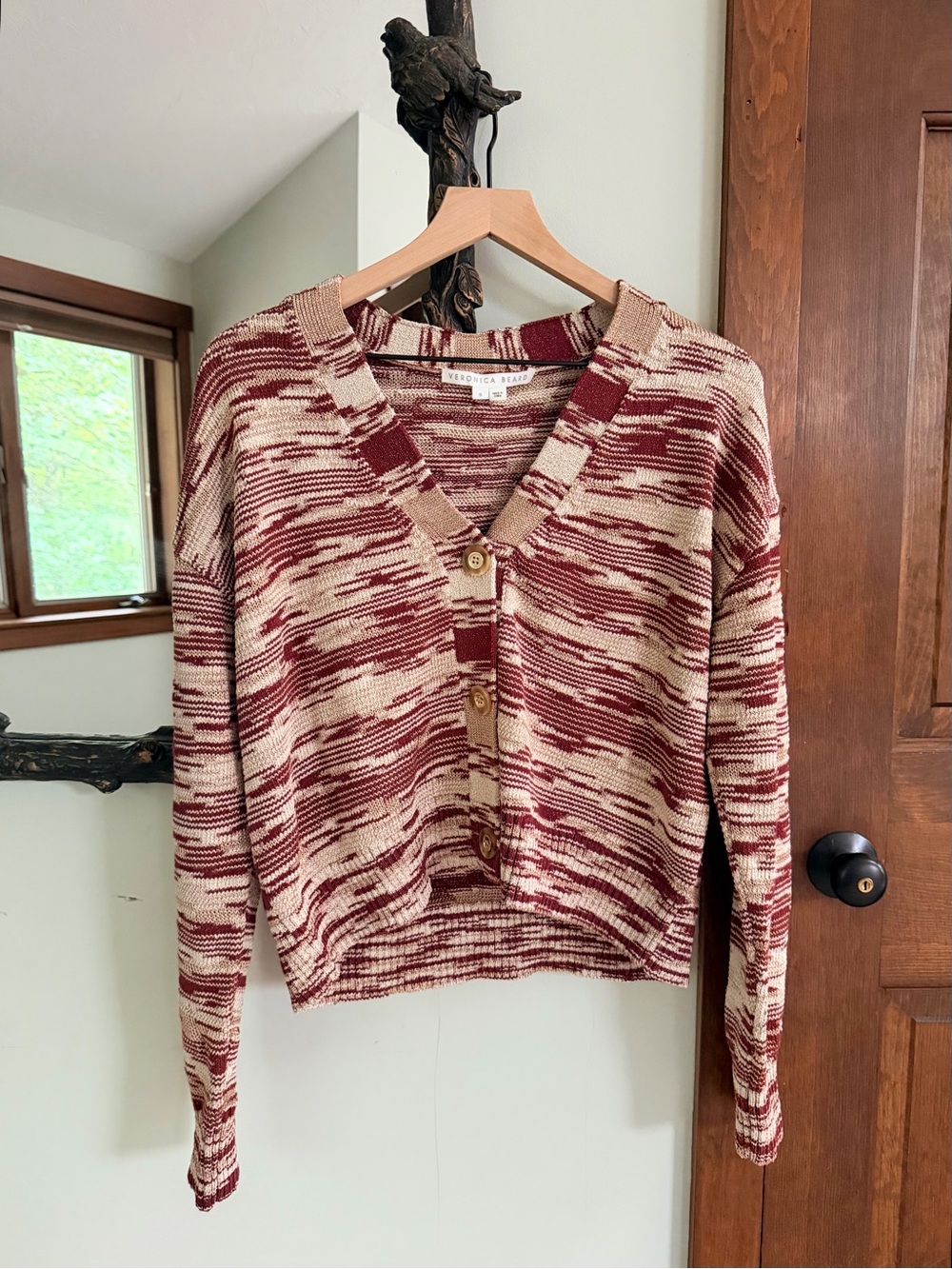 Veronica Beard Marled Red and Cream Button-Front V-Neck Cardigan